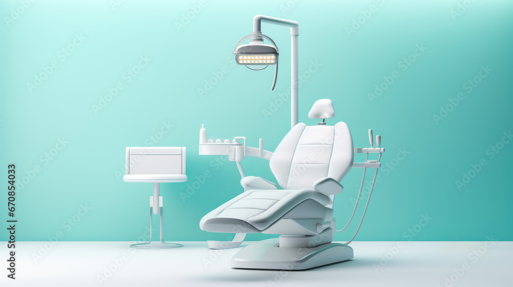 Dental chair in clinic office interior, blue wall mockup copy space template. Ai generative. - obrazy, fototapety, plakaty 