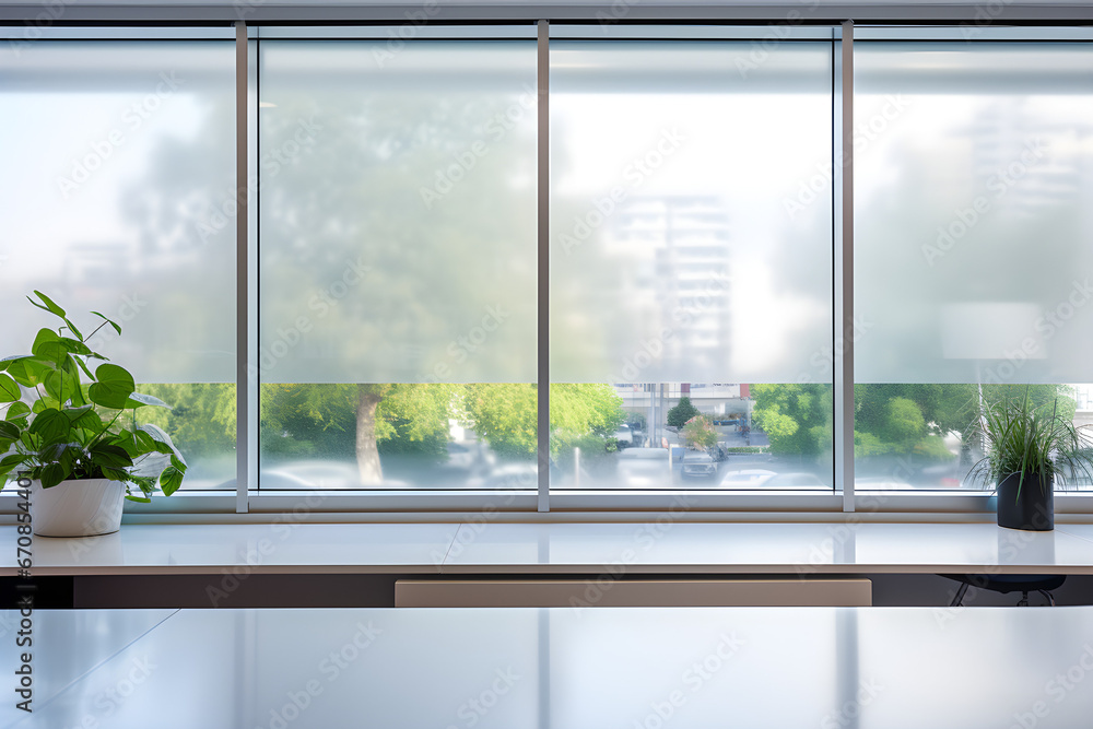 The office has an aluminum sliding window, a sliding glass window, a door with decorative glass film, and a closeup glass with a thick frosting layer that reduces visibility, - obrazy, fototapety, plakaty 