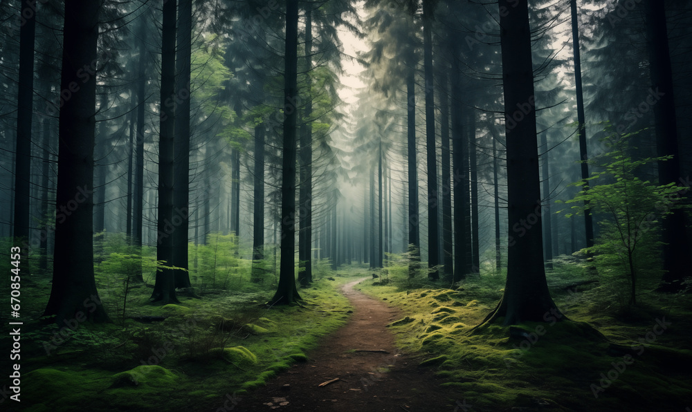 Obraz premium a detailed photo showing photo beautiful shot of a forest with tall green trees