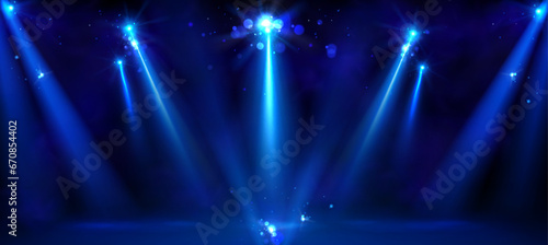 Abstract blue spotlight show stage for party event. Night luxury concert podium for award and winner design backdrop. Premium anniversary ceremony with bright shine. Empty fame studio with glitter