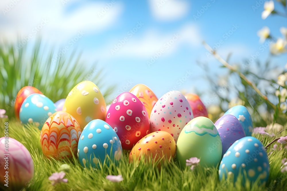 colourful easter eggs on grass