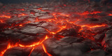 The surface of the lava has partially solidified. Orange cracks are visible in the black magma. In the crack is the red-hot lava of the volcano. Smoke puffs up over the black ground. AI Generative