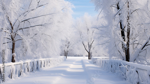  冬の風景、雪が積もる道、自然の景色