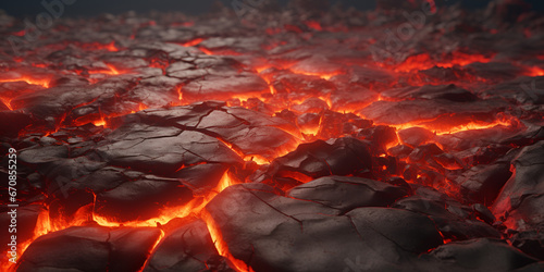 The surface of the lava has partially solidified. Orange cracks are visible in the black magma. In the crack is the red-hot lava of the volcano. Smoke puffs up over the black ground. AI Generative