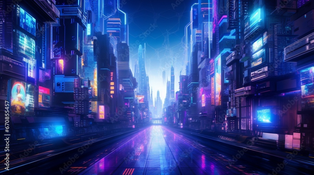 symmetric Vivid Neon Cityscapes: 90s Cyberpunk Vibe with reflaction
