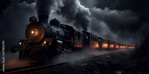 A black train with a black smoke billowing from the top. Vintage black steam locomotive train. AI Generative photo