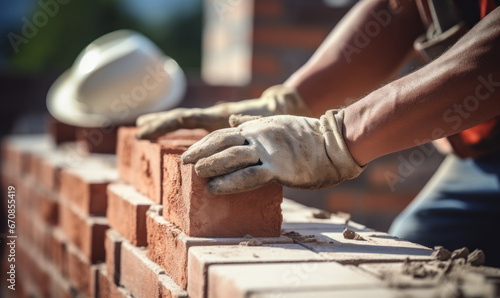 close up of a worker's hands putting red bricks on a wall photo