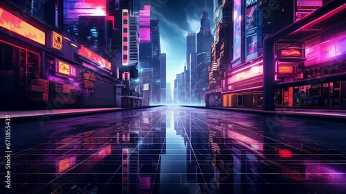 symmetric Vivid Neon Cityscapes: 90s Cyberpunk Vibe with reflaction