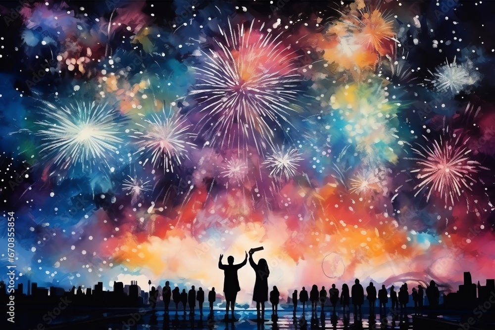 Silhouettes of people celebrating new year with fireworks background Silhouettes of people celebrating new year with fireworks background