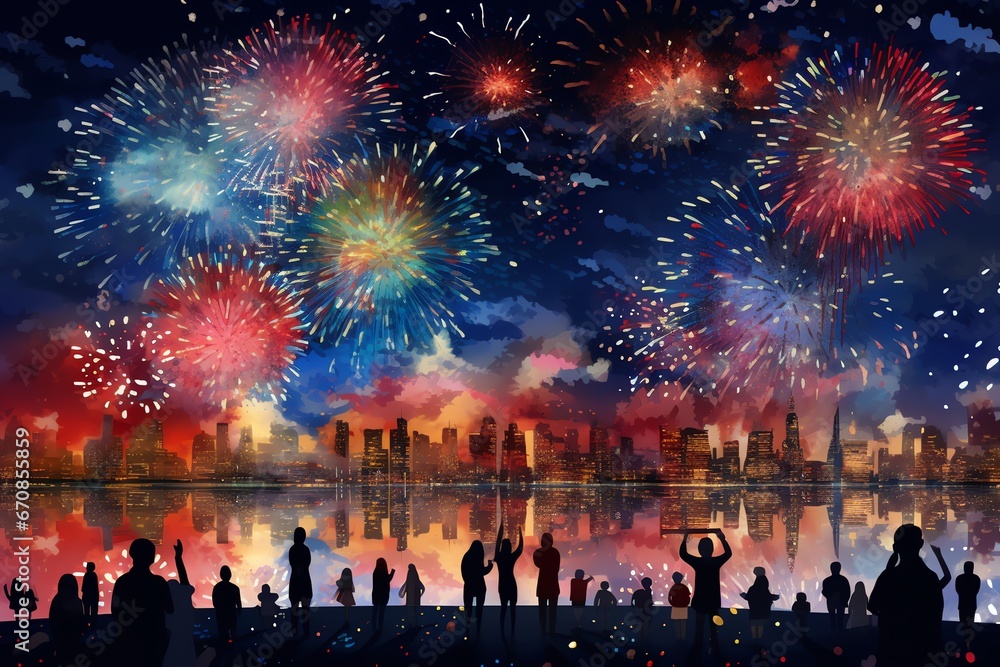 Obraz premium Silhouettes of people celebrating new year with fireworks background
