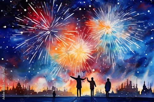 Silhouettes of people celebrating new year with fireworks background