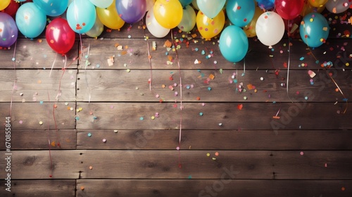 Colorful carnival or party balloons, streamers and confetti on rustic grunge wood planks with copy space