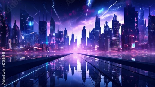 symmetric Vivid Neon Cityscapes: 90s Cyberpunk Vibe with reflaction © ASAD