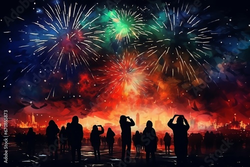 Silhouettes of people celebrating new year with fireworks background