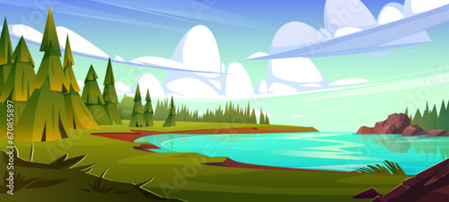 River landscape with green forest. Vector cartoon illustration of beautiful natural background  evergreen fir trees and stones near lake water with reflection on clear surface  clouds in sunny sky