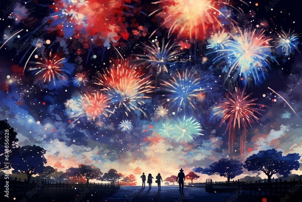 Silhouettes of people celebrating new year with fireworks background Silhouettes of people celebrating new year with fireworks background