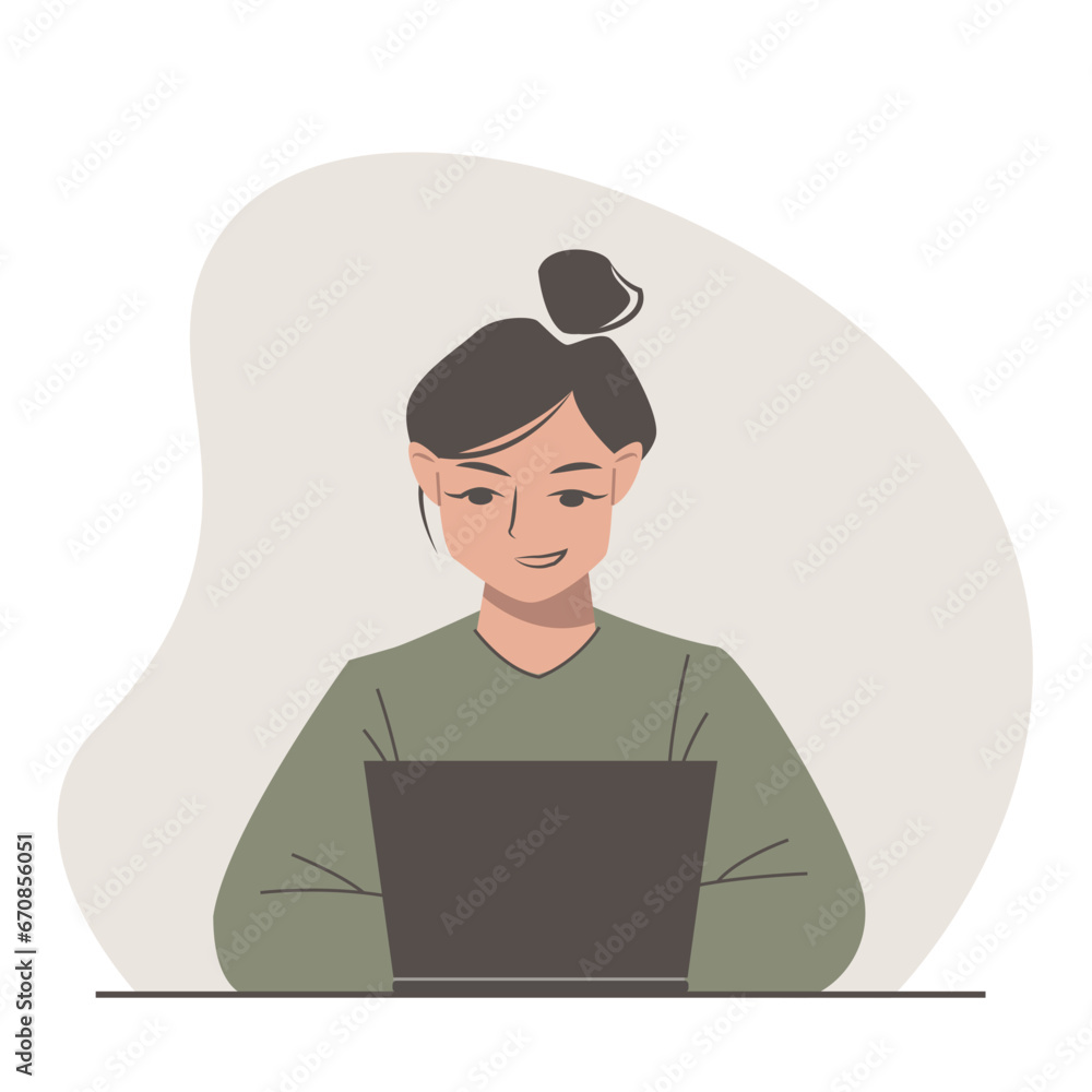 Cute cartoon girl working in a laptop. Young woman on the online job. Vector flat illustration. Cute cartoon girl working in a laptop. Young woman on the online job. Vector flat illustration.