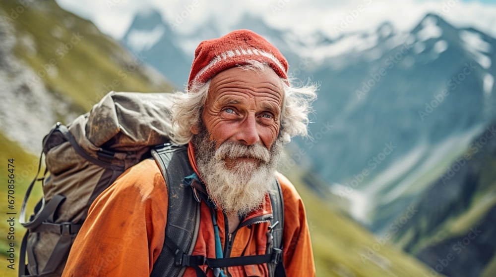 Portrait of Mountain Hiking Senior Person