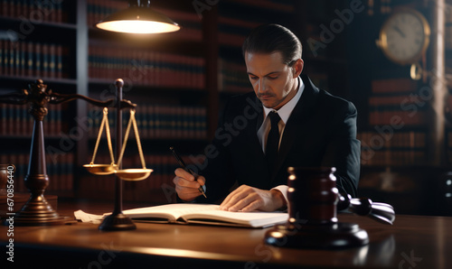 concept of justice and law Judge in courtroom on wooden table and consultant or lawyer working in office photo
