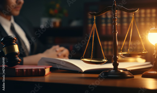 concept of justice and law Judge in courtroom on wooden table and consultant or lawyer working in office photo