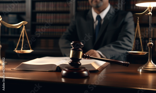 concept of justice and law Judge in courtroom on wooden table and consultant or lawyer working in office