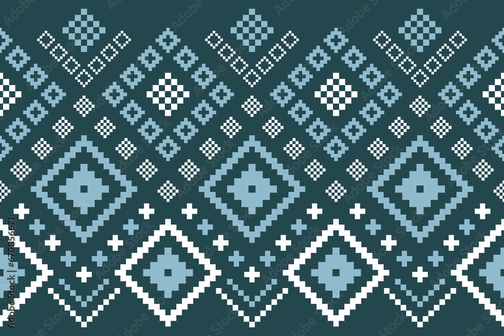 Fototapeta premium Green Cross stitch colorful geometric traditional ethnic pattern Ikat seamless pattern border abstract design for fabric print cloth dress carpet curtains and sarong Aztec African Indian Indonesian