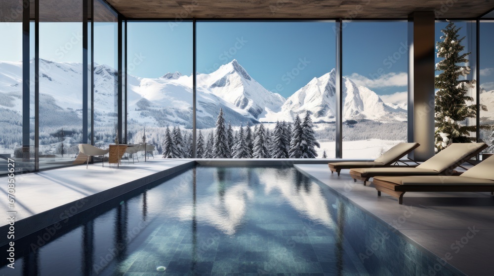 Swimming pool with panoramic windows in an ecological chalet hotel at an alpine ski resort overlooking the snowy landscape and mountains. - obrazy, fototapety, plakaty 
