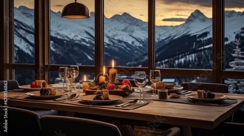 Dinner or breakfast in a restaurant with panoramic windows in an ecological chalet hotel in an Alpine ski resort overlooking the snowy landscape and mountains. © ALA