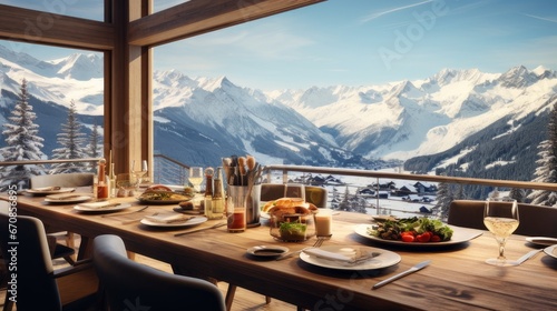 Dinner or breakfast in a restaurant with panoramic windows in an ecological chalet hotel in an Alpine ski resort overlooking the snowy landscape and mountains.