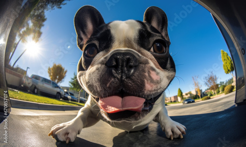 Fisheye Lens Selfie photography of a french bulldog