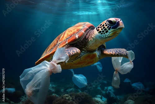 Sea Turtle and Plastic Bag in the Ocean, Concept of Environmental Plastic Pollution 