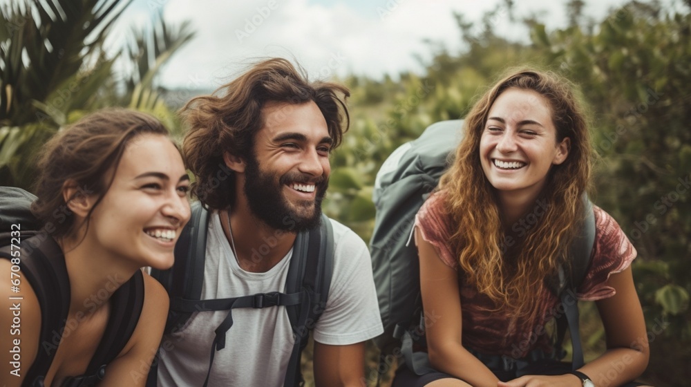 portrait of group of diverse friends with backpack at vacation in Bali Indonesia