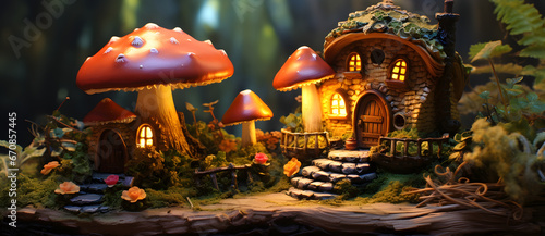 Miniature landscape of colorful glowing magic mushroom huts in forest 2 photo