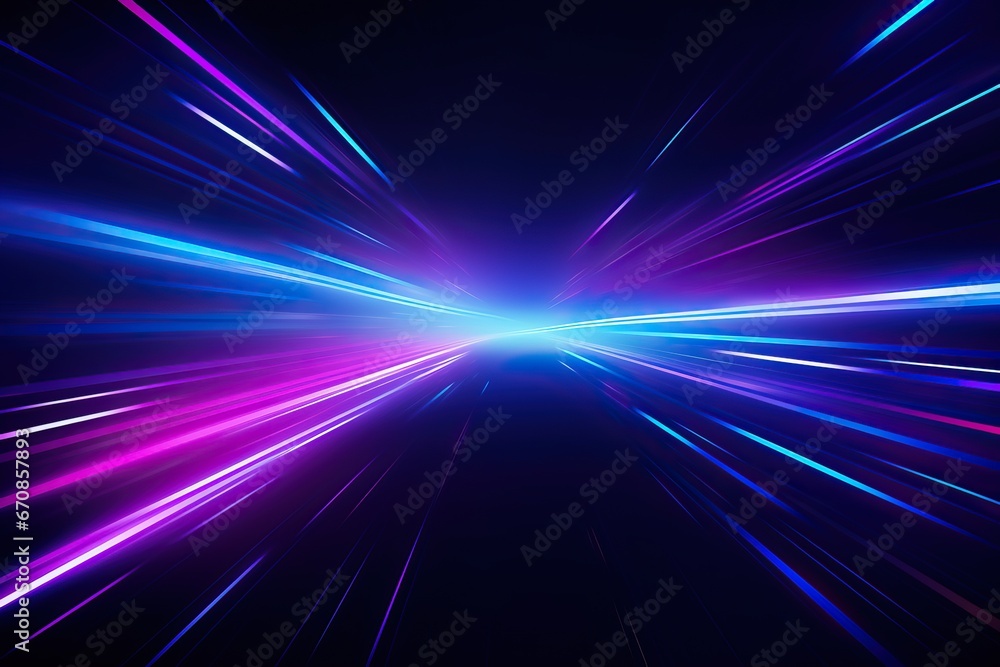 Abstract technology futuristic glowing blue and purple light lines with speed motion blur effect on dark blue background. generative ai
