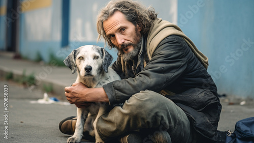 Homeless beggar man sitting outdoors in city asking for money donation with dog.