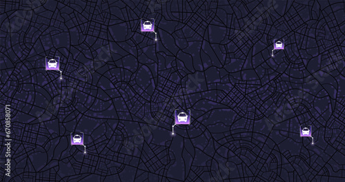 Pick up taxi. Gps map navigation to own house. Detailed view of city. Passenger location sharing for driver. City top view. Online navigation. Flat style, Vector, illustration isolated.