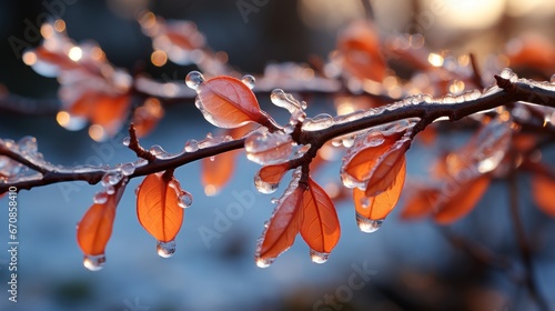 Glistening dewdrops cling to vibrant orange leaves, capturing the essence of a chilly morning. The golden sun rays shimmer, adding to the ethereal beauty.