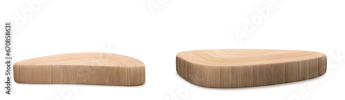 3d wood podium set for kitchen product display. Wooden platform stage for minimal scene. Cosmetic presentation pedestal isolated on background. Empty brown abstract showcase plate for beauty design