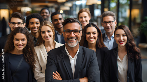 A diverse group of business professionals, modern and multi-ethnic, standing together and facing the camera for a portrait shot,