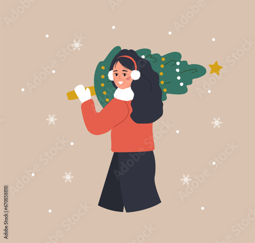 Woman holding Christmas tree. Smiling girl preparing for winter holidays. People buying Christmas fir on the fair. New Year postcard. Vector illustration in flat cartoon style.