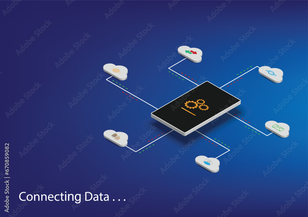 Mobile phone connected to cloud data. Data transfer computing technology and data center connection network concept. Web-based cloud. Vector Mobile phone connected to cloud data. Data transfer computing technology and data center connection network concept. Web-based cloud. Vector