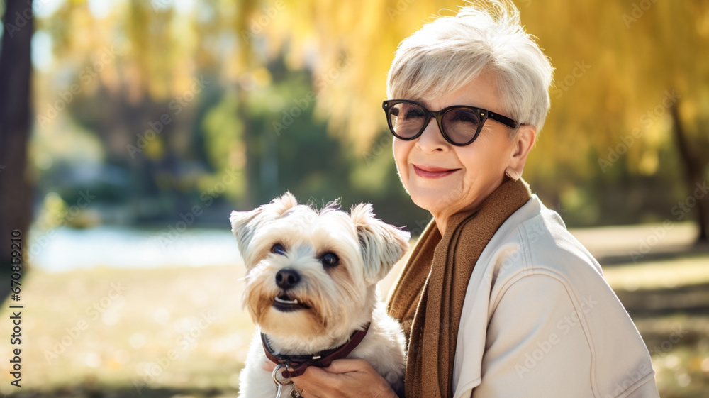 Portrait of an attractive senior woman playfully holding her dog in park. Love for animals concept.
