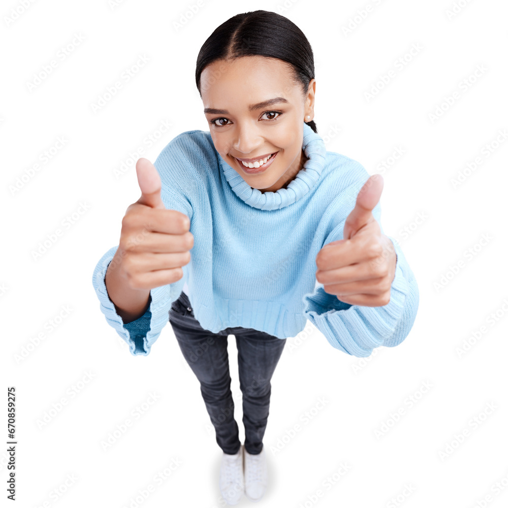 Top view, happy and portrait of woman thumbs up for agreement isolated in a transparent or png background. Thank you, yes and excited young female person showing okay, accept sign or hand gesture Top view, happy and portrait of woman thumbs up for agreement isolated in a transparent or png background. Thank you, yes and excited young female person showing okay, accept sign or hand gesture