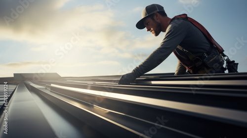 Close-up construction technician installing metal sheet roof and sky photo
