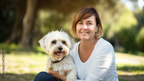 Smiling joyful mature female having fun with the dog in park. Love for animals concept.