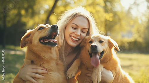 Charming young smiling girl plays and hugs two golden-colored dogs in the park on sunndy day. Love for animals concept.

 photo