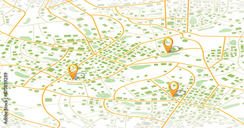 Multiple destinations. Gps tracking map. Track navigation pins on street maps, navigate mapping technology and locate position pin. Futuristic travel gps map or location navigator vector illustration