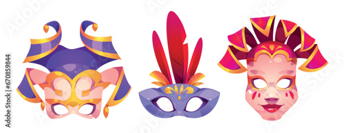 Carnival masks for a masquerade show or festival. Cartoon vector costume parts set for face camouflage with feathers and ornaments. Traditional theater or Mardi Gras party disguise element.
