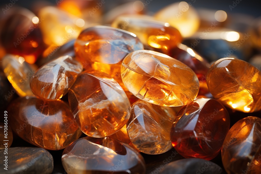Many amber glowing stones, horizontal background. Generative AI Many amber glowing stones, horizontal background. Generative AI