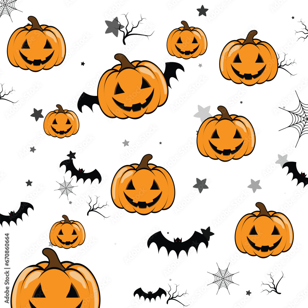Pumpkins cartoon Halloween seamless pattern bat stick spider web and star on white background.Isolate Vactor illustration. Pumpkins cartoon Halloween seamless pattern bat stick spider web and star on white background.Isolate Vactor illustration.